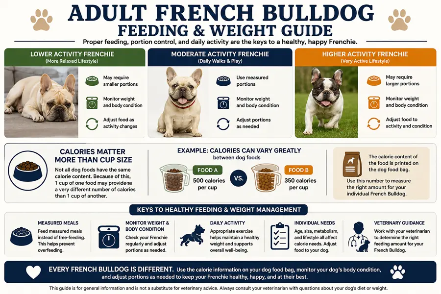 Adult French Bulldog feeding and weight guide explaining activity levels, measured portions, body condition, and why calories per cup vary between dog foods.