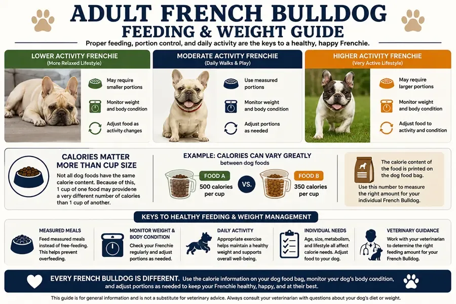 Adult French Bulldog feeding and weight guide explaining activity levels, measured portions, body condition, and why calories per cup vary between dog foods.
