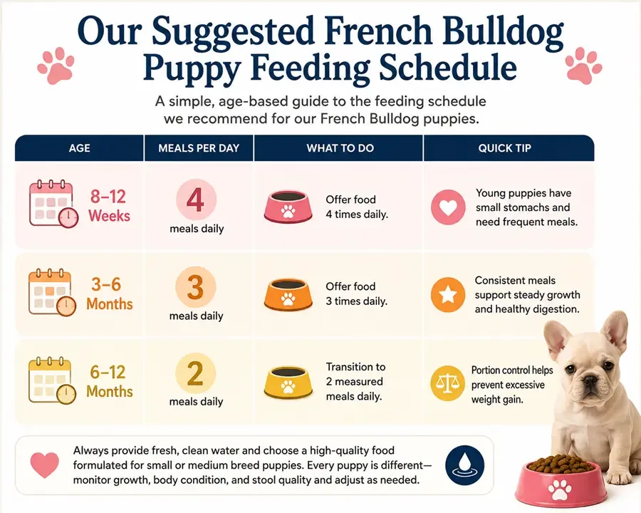 French Bulldog puppy feeding schedule showing 4 meals daily at 8–12 weeks, 3 meals at 3–6 months, and 2 measured meals at 6–12 months.