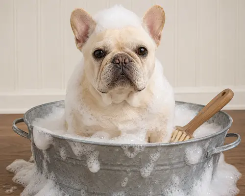 Cream French Bulldog with short, easy-care coat.