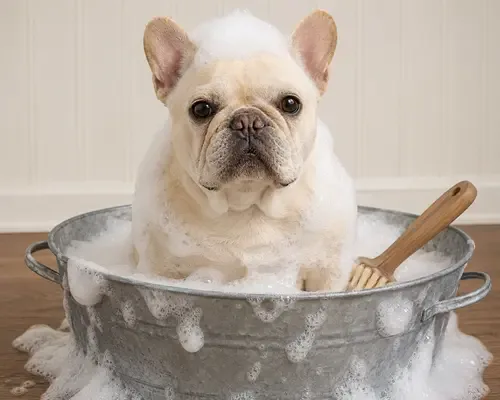 Cream French Bulldog with short, easy-care coat.
