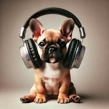 French Bulldog puppy wearing headphones during sound desensitization training