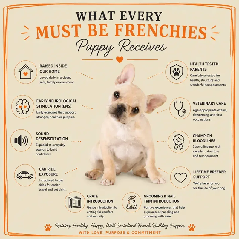 Infographic showing what every Must Be Frenchies French Bulldog puppy receives, including home raising, Early Neurological Stimulation (ENS), health-tested parents, veterinary care, sound desensitization, crate introduction, grooming exposure, car ride exposure, and lifetime breeder support.